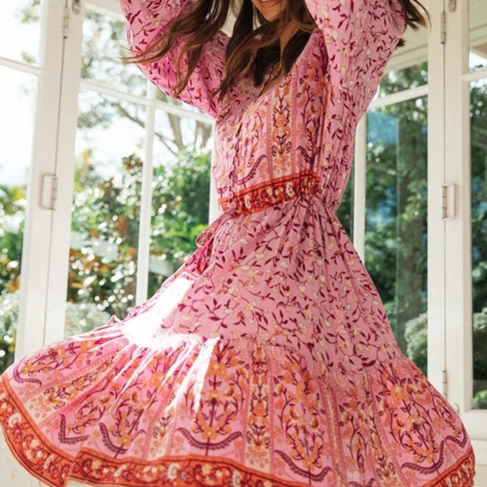 Boho Hippie Gypsy Floral print pink ruffle dress - Picture 3 of 16